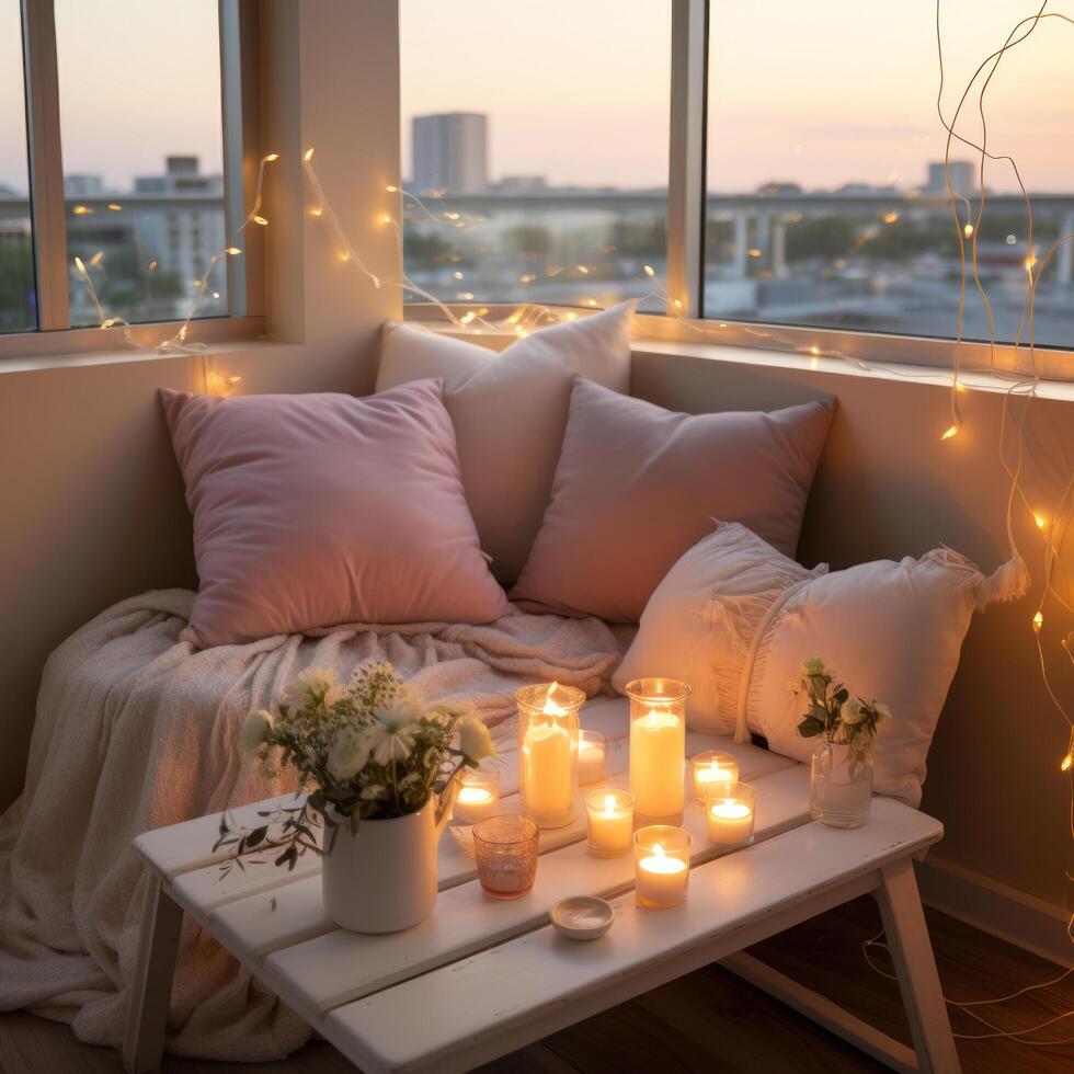 AI generated Intimate corner with cushions, candles, and love quotes photo