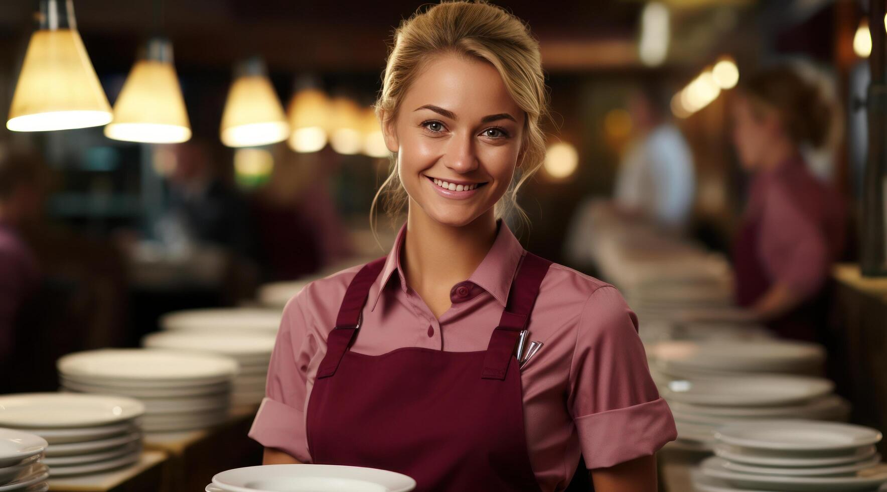AI generated a waitress in a restaurant with a tray delivers an order photo