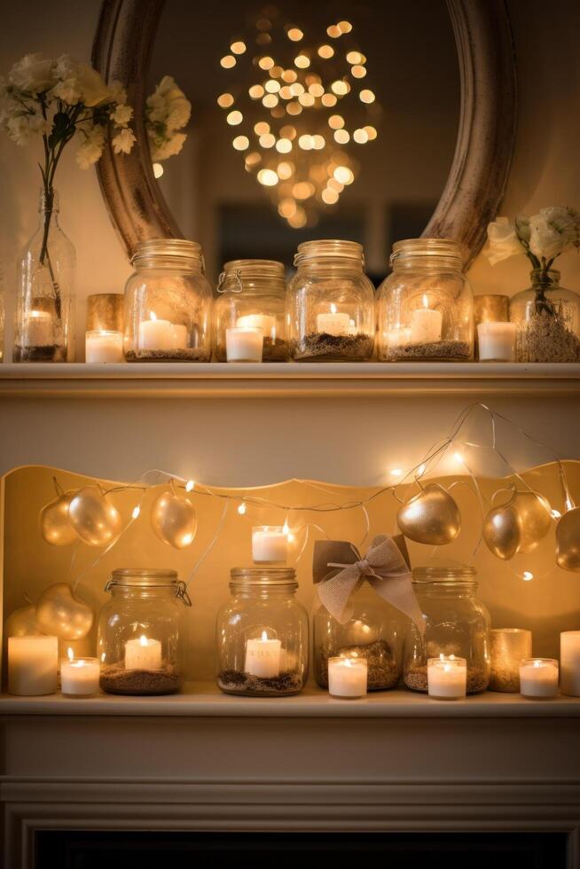 AI generated Love-themed Frames, Candles, and Intertwined Fairy Lights photo