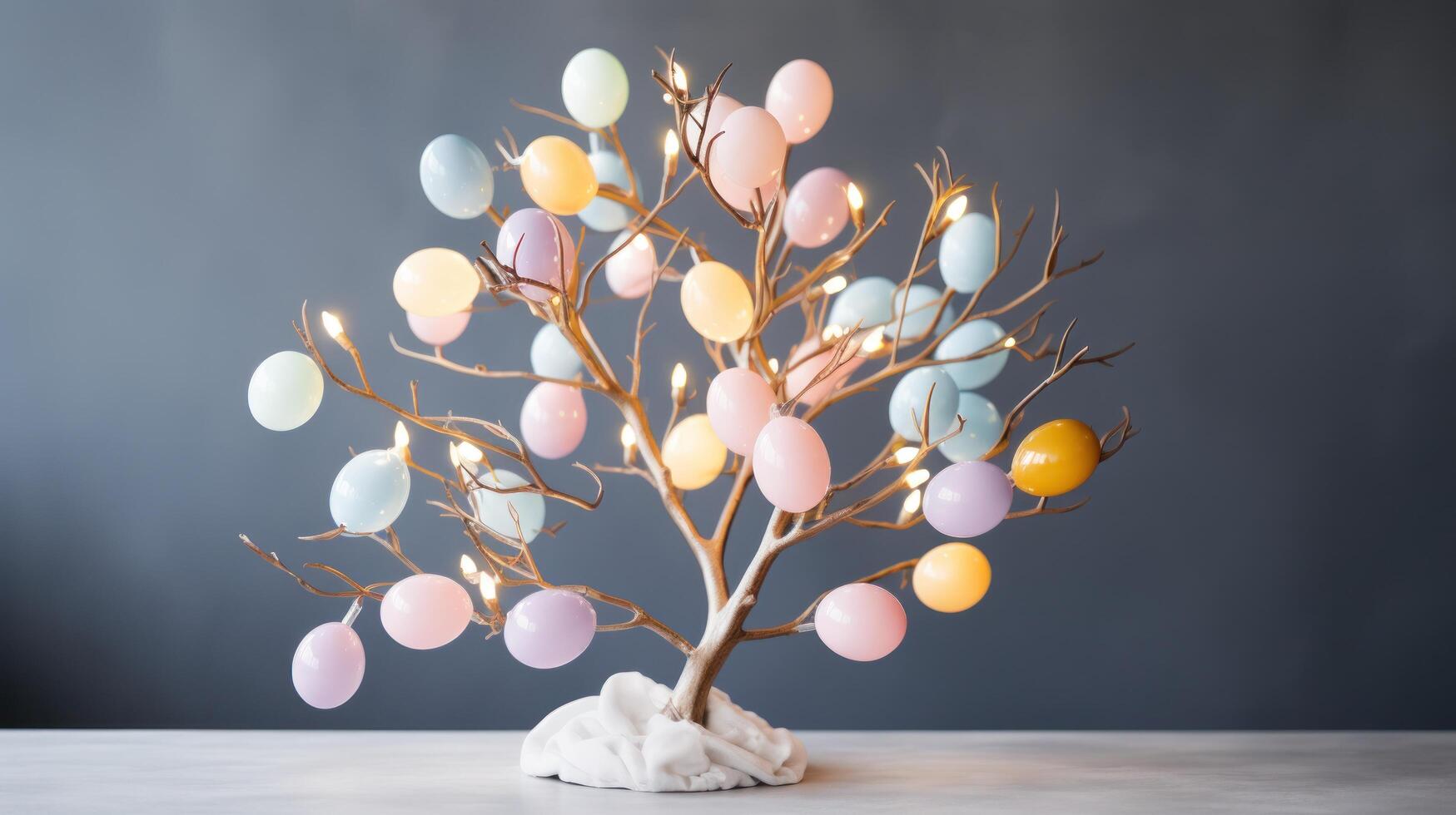 AI generated Minimalist Easter Egg Tree Illuminated by Soft Pastel String Lights photo