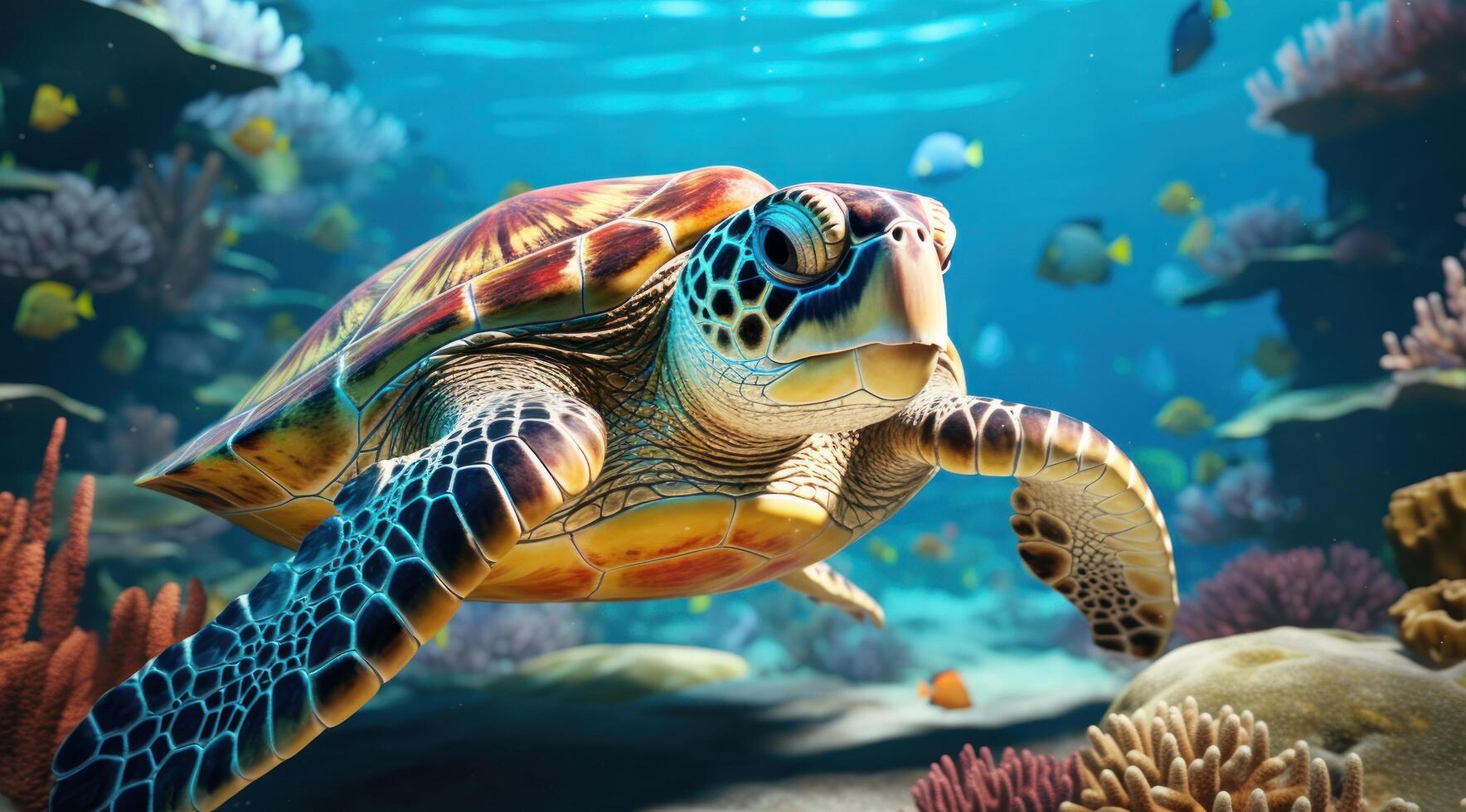 AI generated swim with sea turtle on coral reefs photo