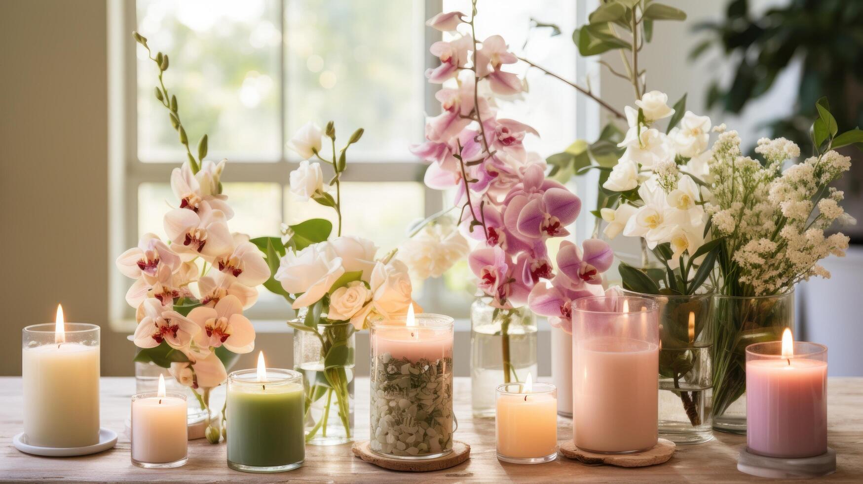 AI generated A display of scented candles in spring-inspired fragrances, arranged with botanical elements and soft lighting photo