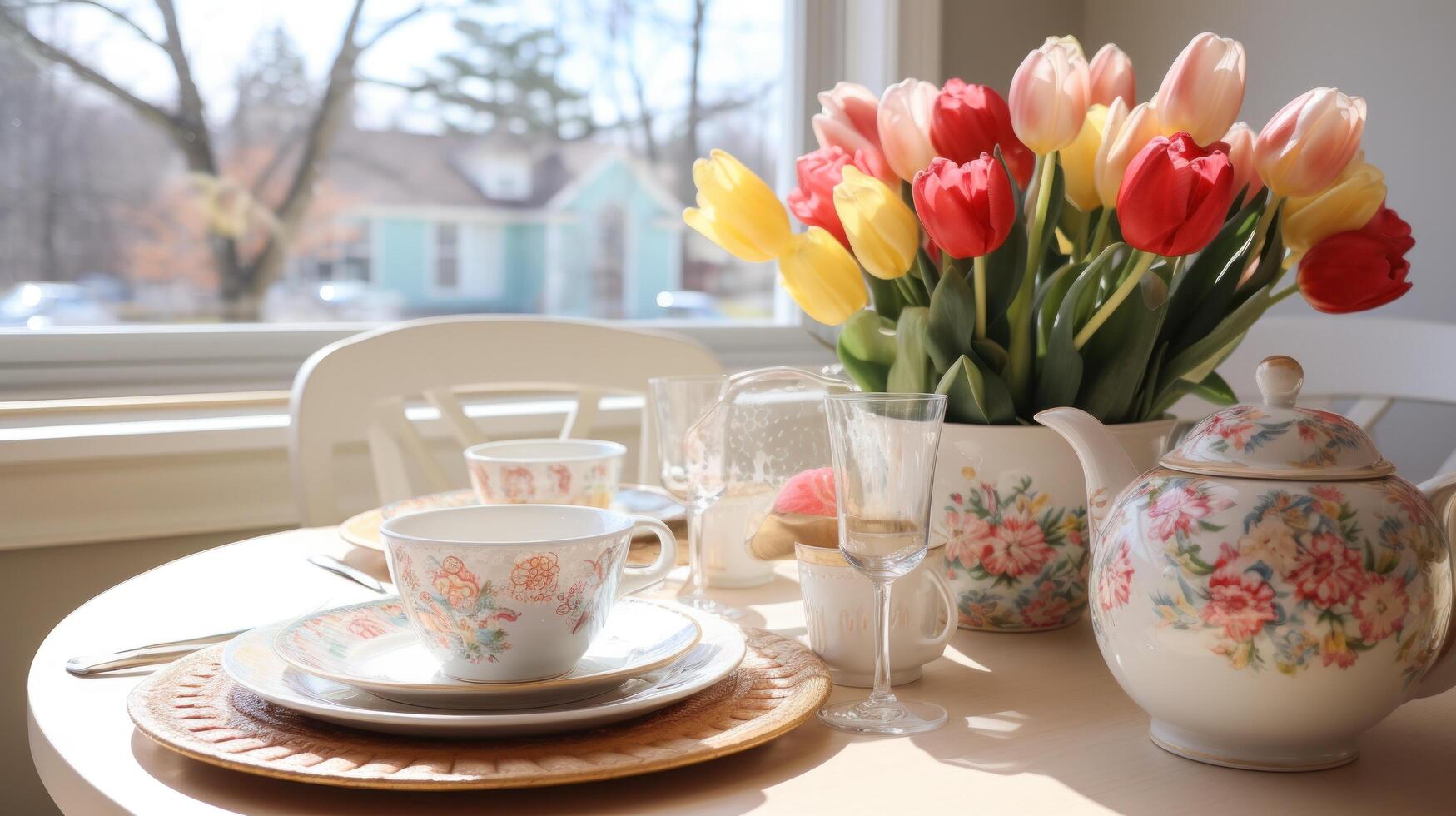 AI generated Floral Centerpiece, Bunny Plates, and Easter-themed Linens photo