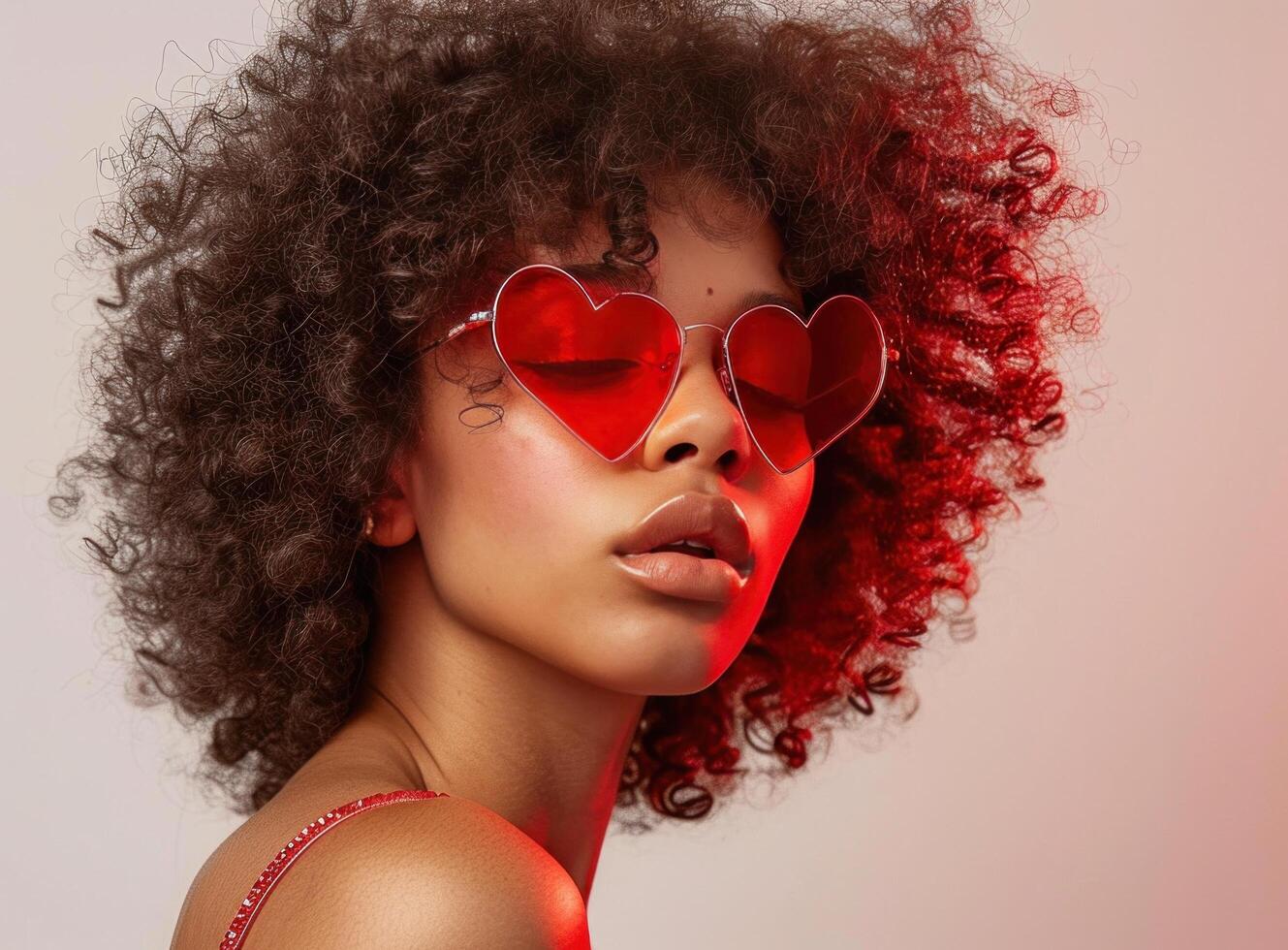 ai generado un Rizado peludo mujer con un linda rojo corazón conformado Gafas de sol foto