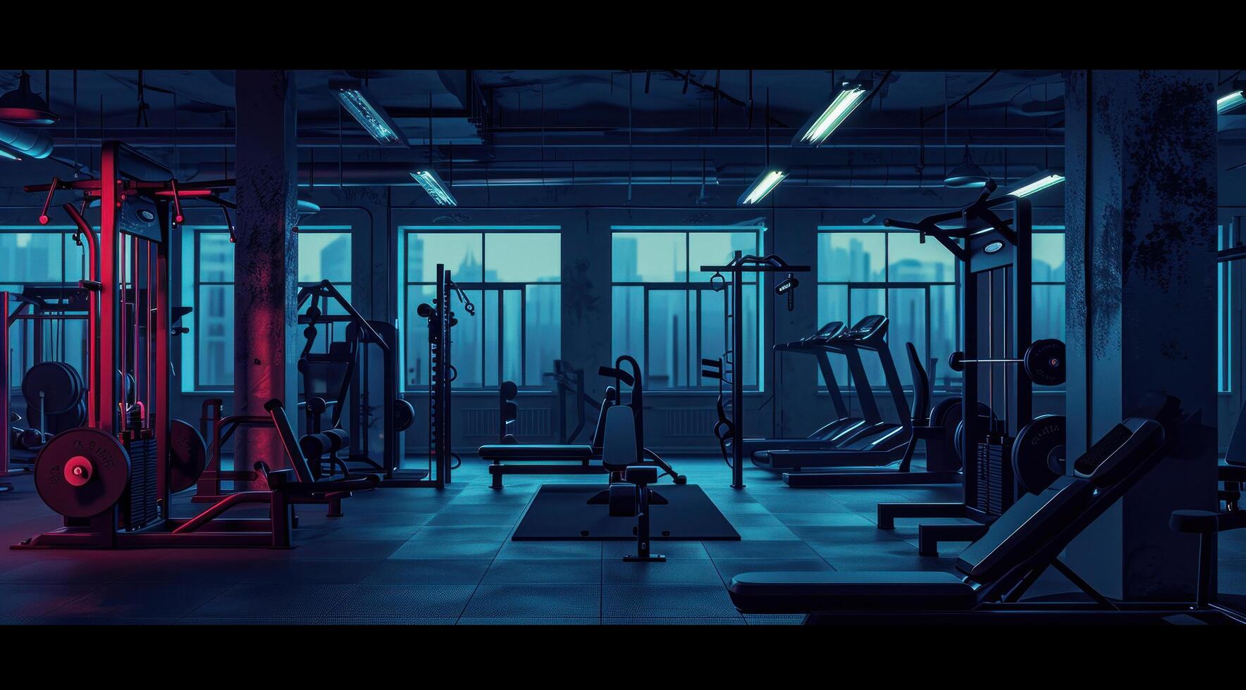 AI generated a gym with dark exercise equipment photo