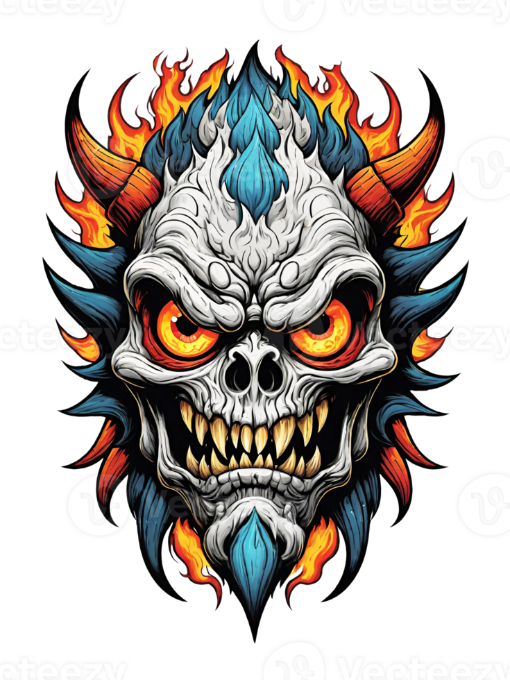 AI generated Skull with horns and fire flames isolated on transparent background png