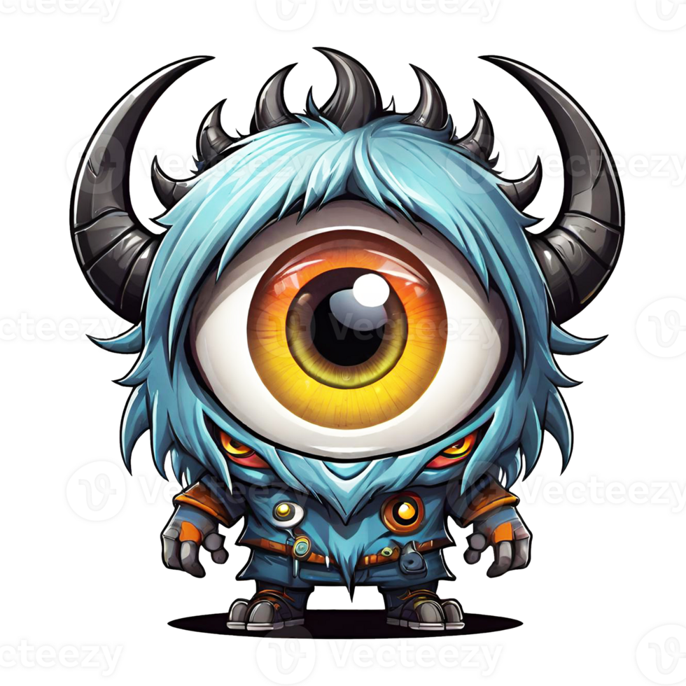 AI generated Funny monster with horns and big eyes isolated on transparent background illustration png