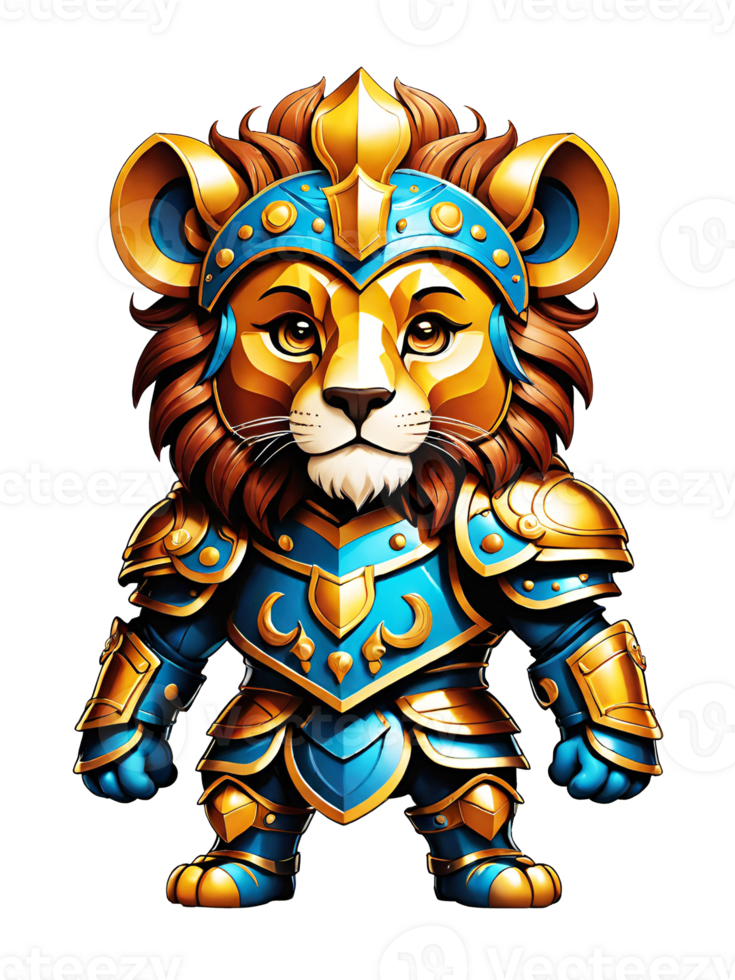 ai généré Lion dans armure avec une couronne de or isolé sur transparent Contexte illustration png