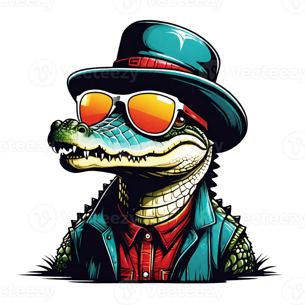 AI generated Crocodile in a hat and sunglasses design isolated on transparent background png