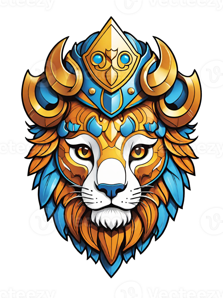 ai généré Lion tête avec couronne et bouclier de or isolé sur transparent Contexte illustration png