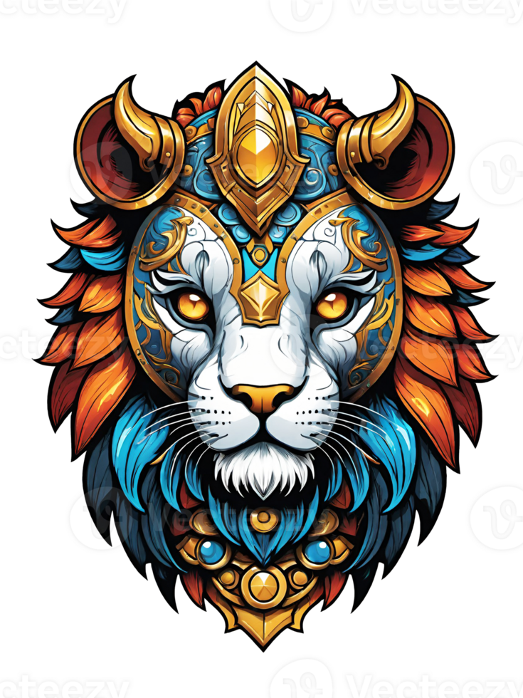 ai généré Lion tête avec couronne et bouclier de or isolé sur transparent Contexte illustration png