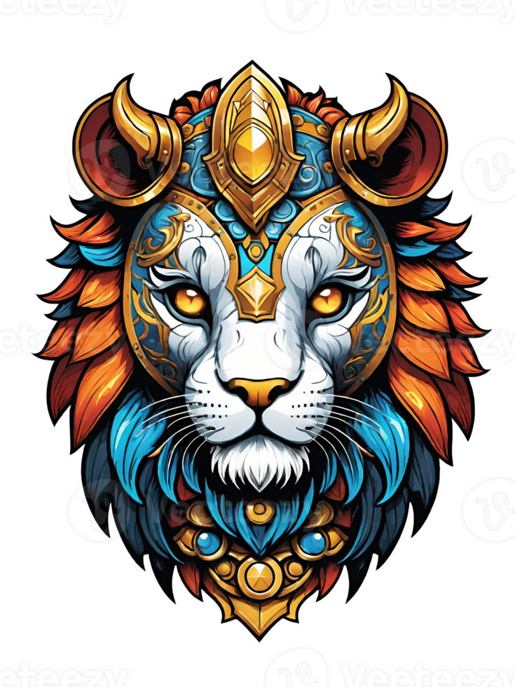 AI generated Lion head with crown and shield of gold isolated on transparent background illustration png