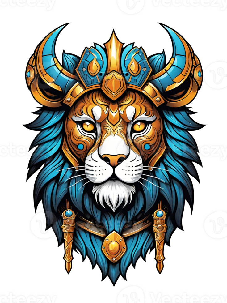 ai généré Lion tête avec couronne et bouclier de or isolé sur transparent Contexte illustration png