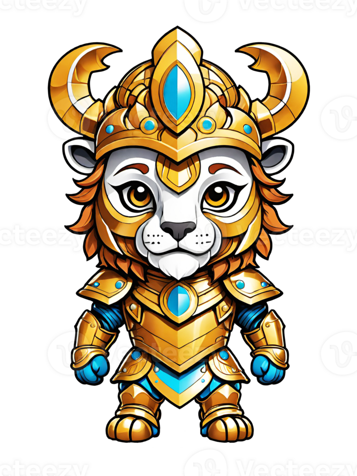 ai généré Lion dans armure avec une couronne de or isolé sur transparent Contexte illustration png