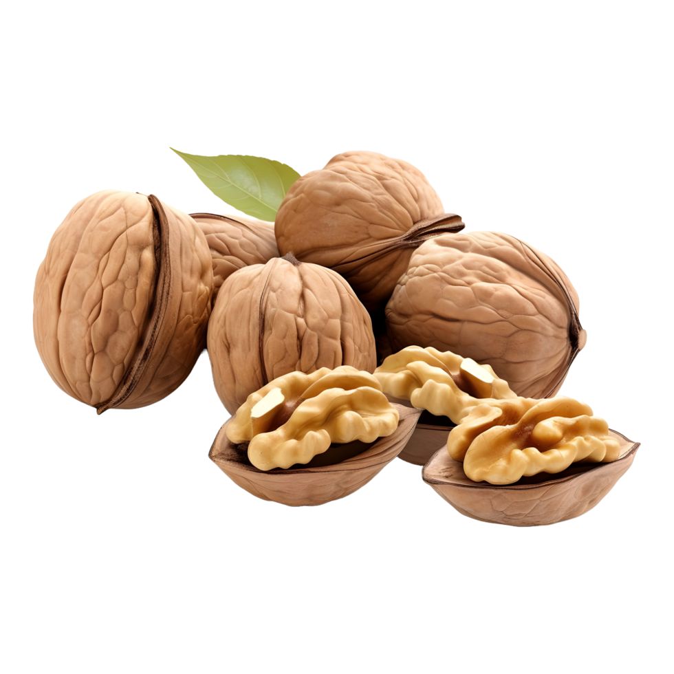 AI generated 3D Rendering of a Walnuts With Leaves on Transparent Background - Ai Generated png
