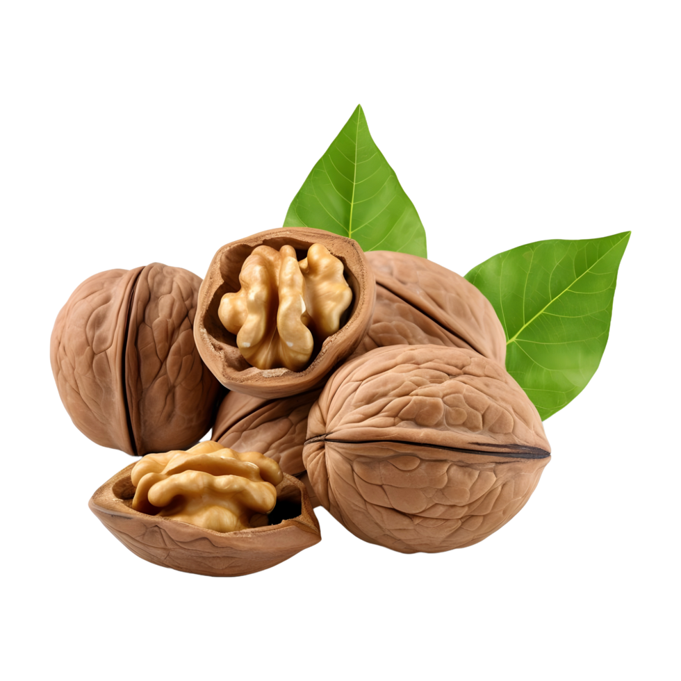 AI generated 3D Rendering of a Walnuts With Leaves on Transparent Background - Ai Generated png