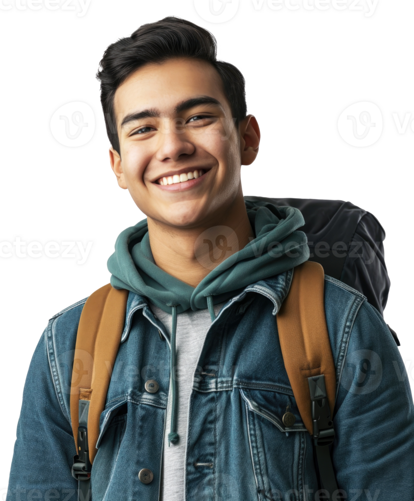 AI generated University student smiling happily on PNG transparent background.