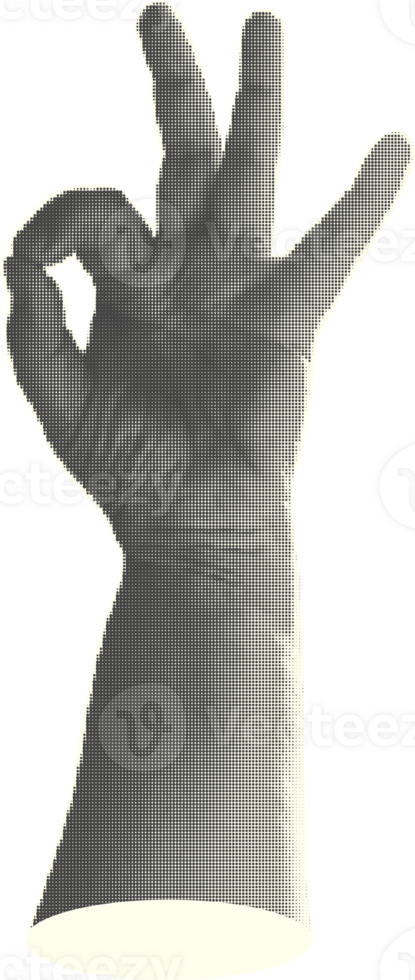 Set of halftone statue hands Trendy creative collage elements showing gestures counting from zero to five isolated yellow background Cut magazine style Contemporary Modern design Vector illustration png