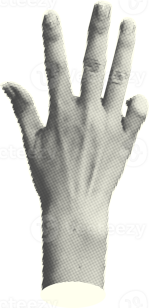 Set of halftone statue hands Trendy creative collage elements showing gestures counting from zero to five isolated yellow background Cut magazine style Contemporary Modern design Vector illustration png