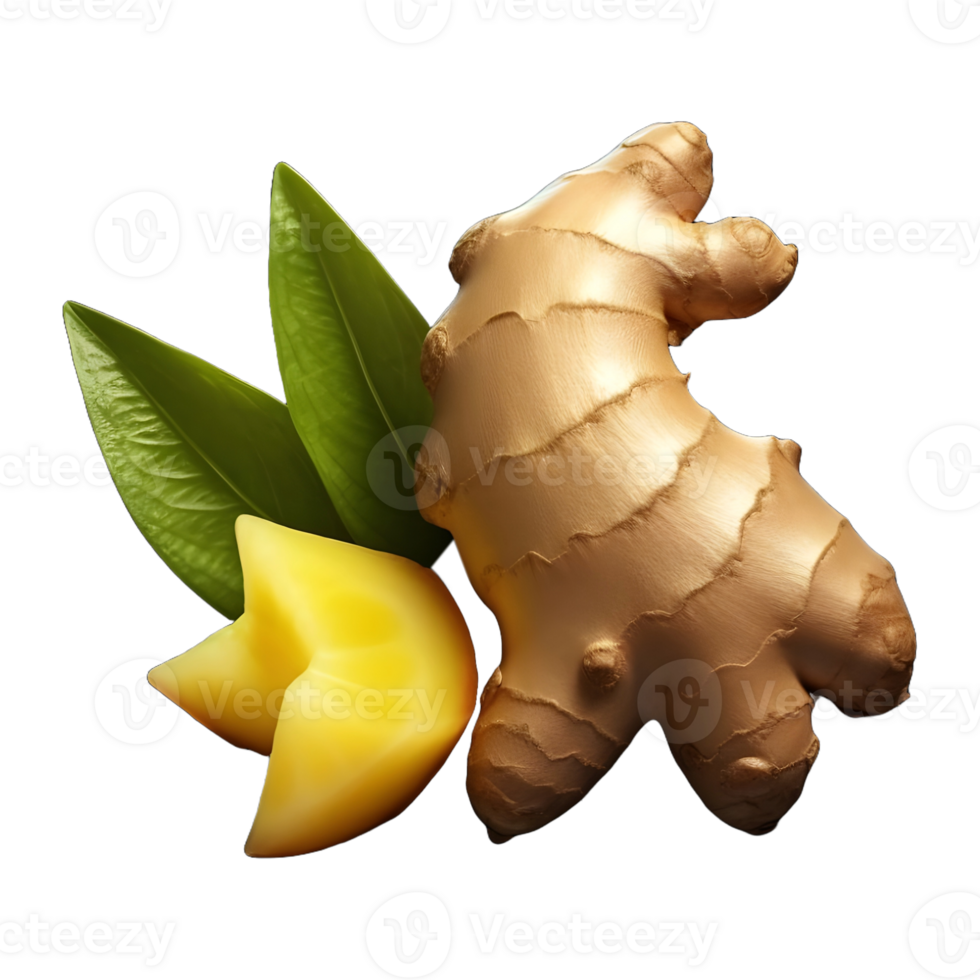 AI generated 3D Rendering of a Ginger With Leaves on Transparent Background - Ai Generated png