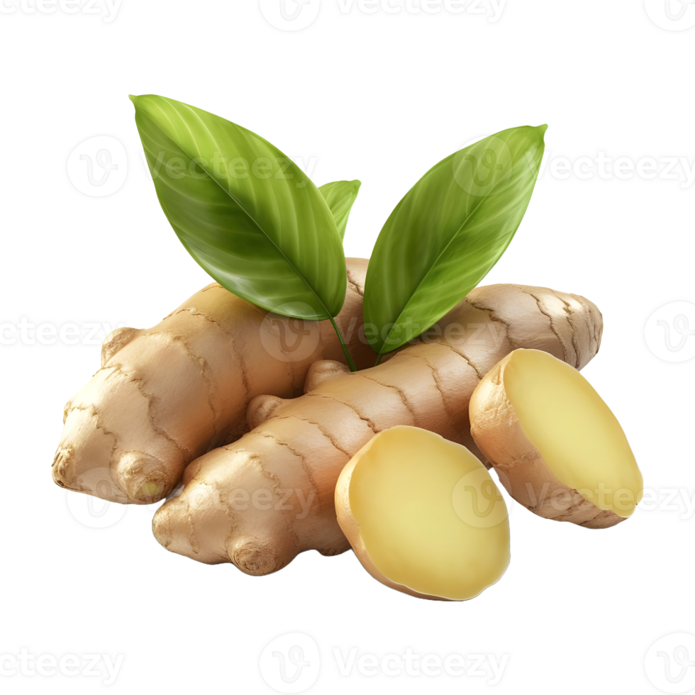 AI generated 3D Rendering of a Ginger With Leaves on Transparent Background - Ai Generated png