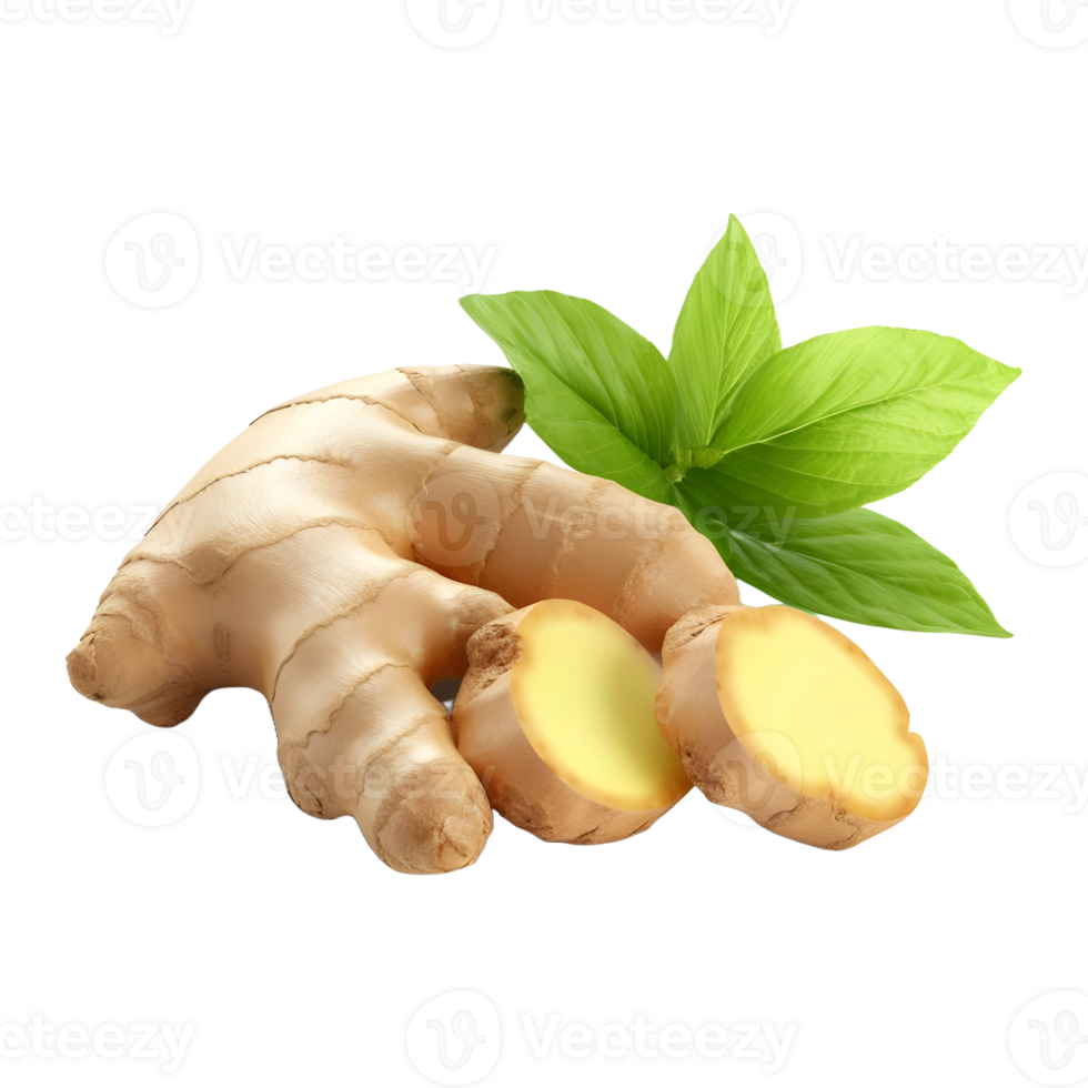 AI generated 3D Rendering of a Ginger With Leaves on Transparent Background - Ai Generated png