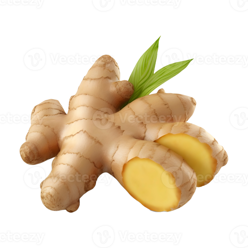 AI generated 3D Rendering of a Ginger With Leaves on Transparent Background - Ai Generated png
