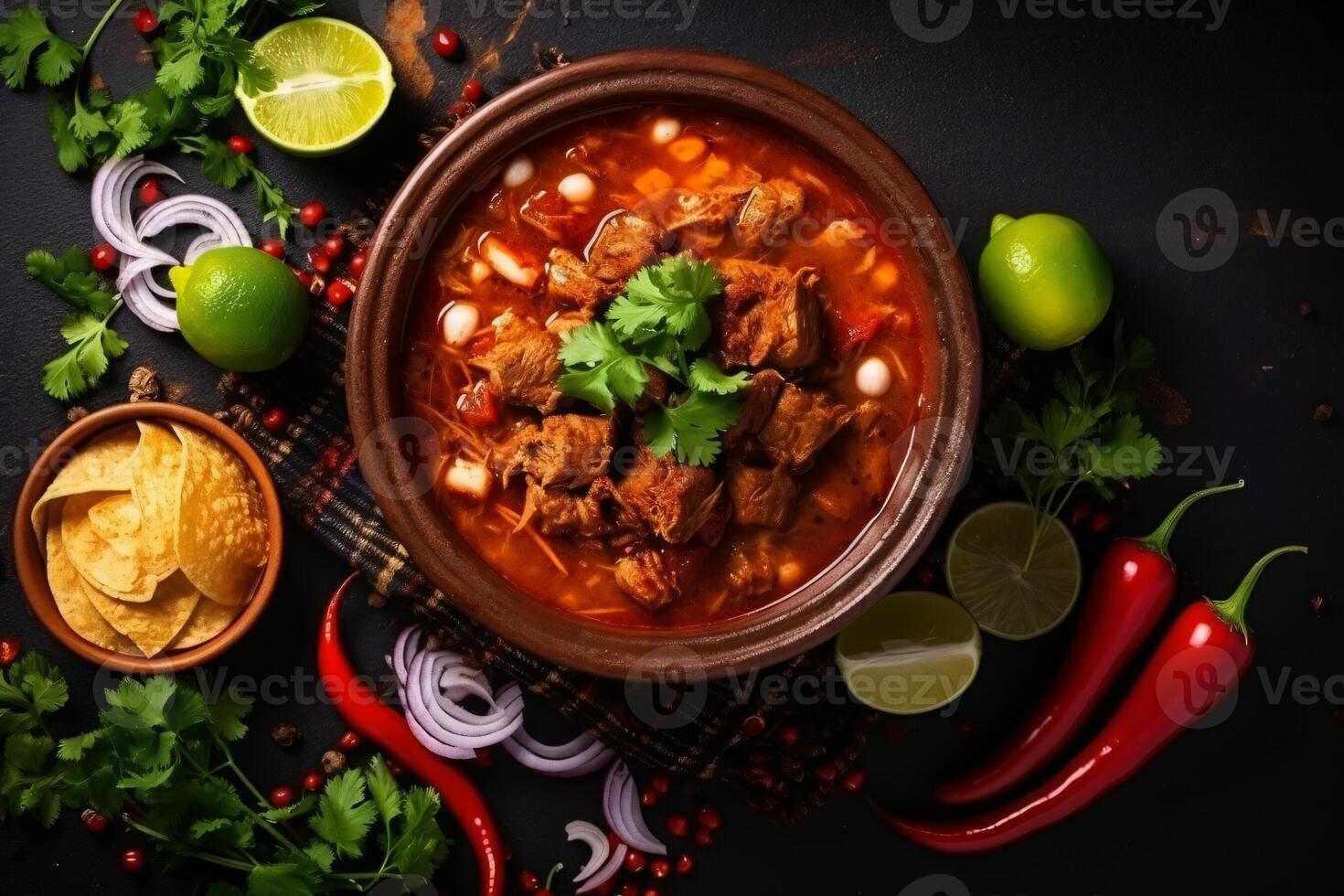 AI generated Top view on appetizing pozole bowl generative AI photo