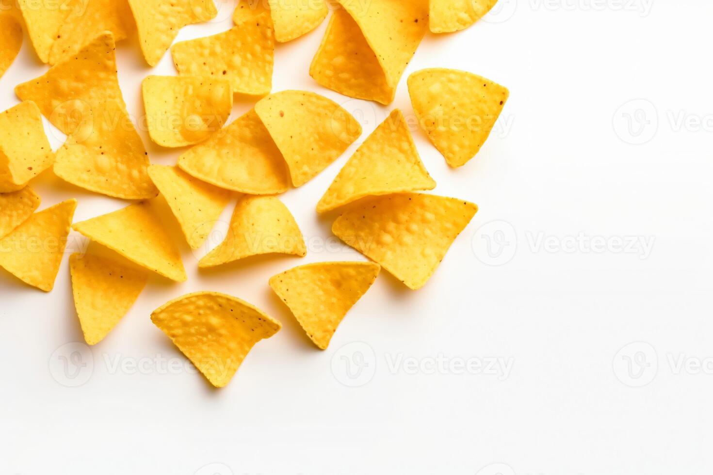 AI generated Corn chips of triangular shape levitate on a white background Generative AI photo