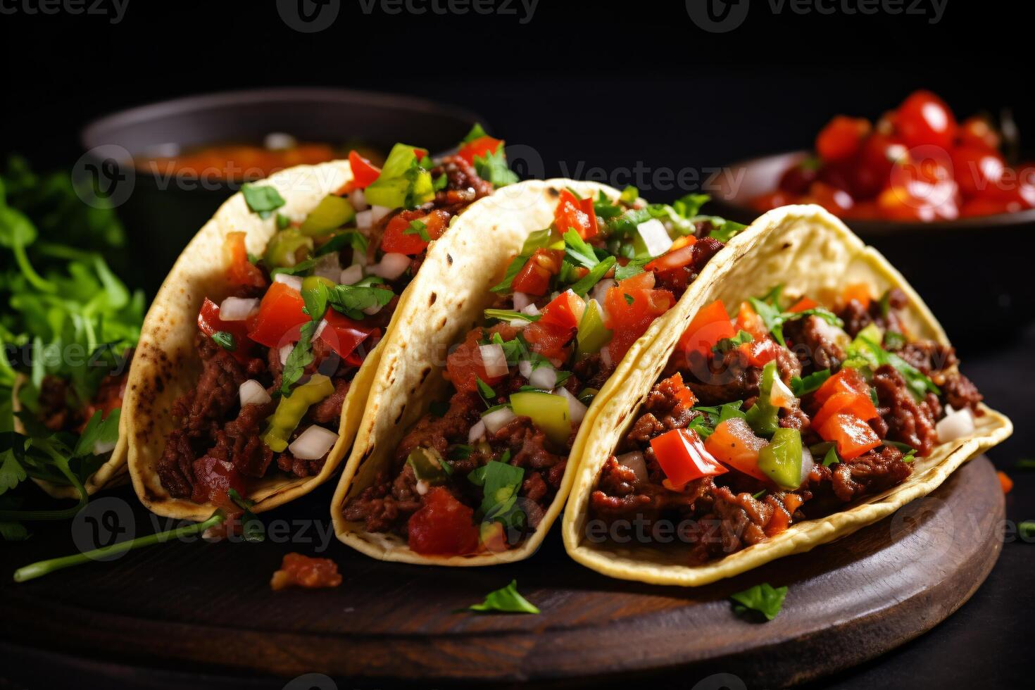 AI generated Mexican tacos with beef in tomato sauce and salsa Generative AI photo