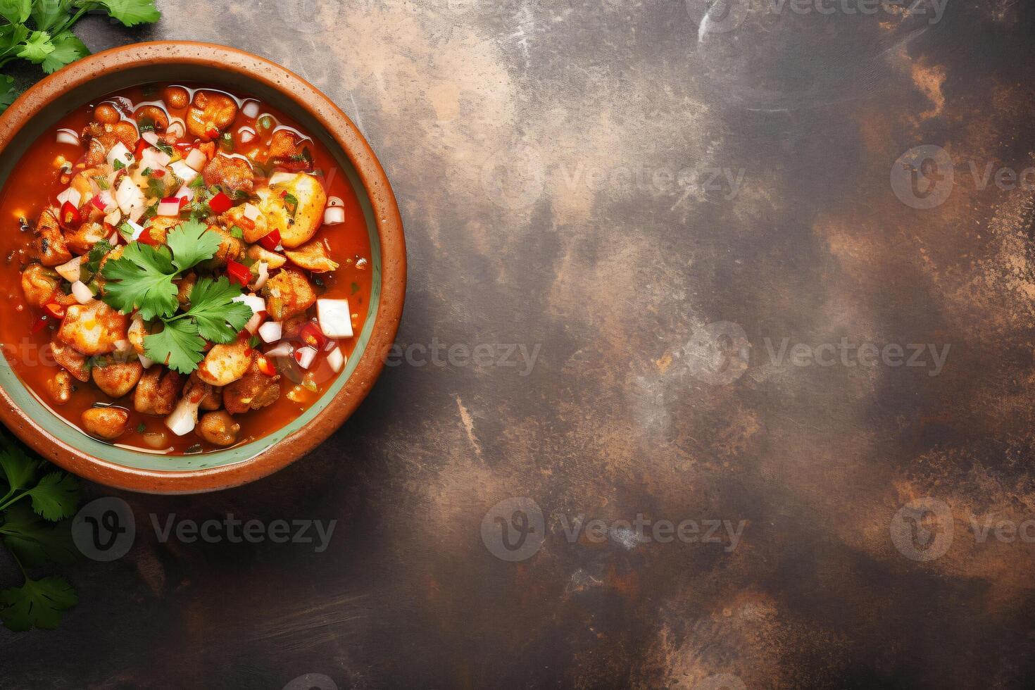 AI generated Top view on appetizing pozole bowl Generative AI photo