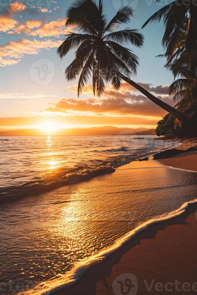 AI generated Sunny exotic beach by the ocean with palm trees at sunset summer vacation Generate AI photo