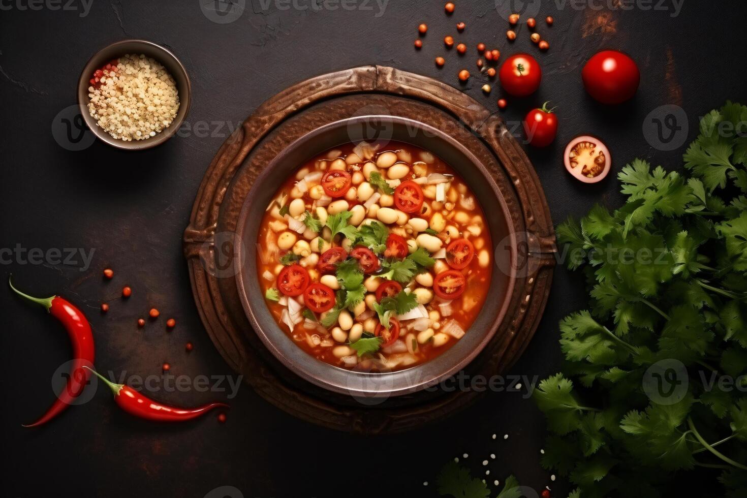 AI generated Top view on appetizing pozole bowl Generative AI photo