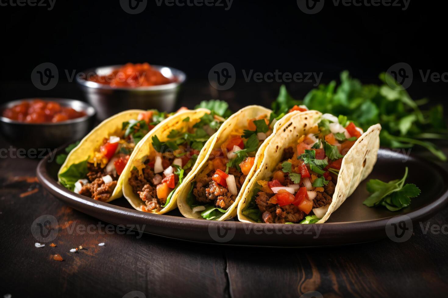 AI generated Mexican tacos with beef in tomato sauce and salsa Generative AI photo