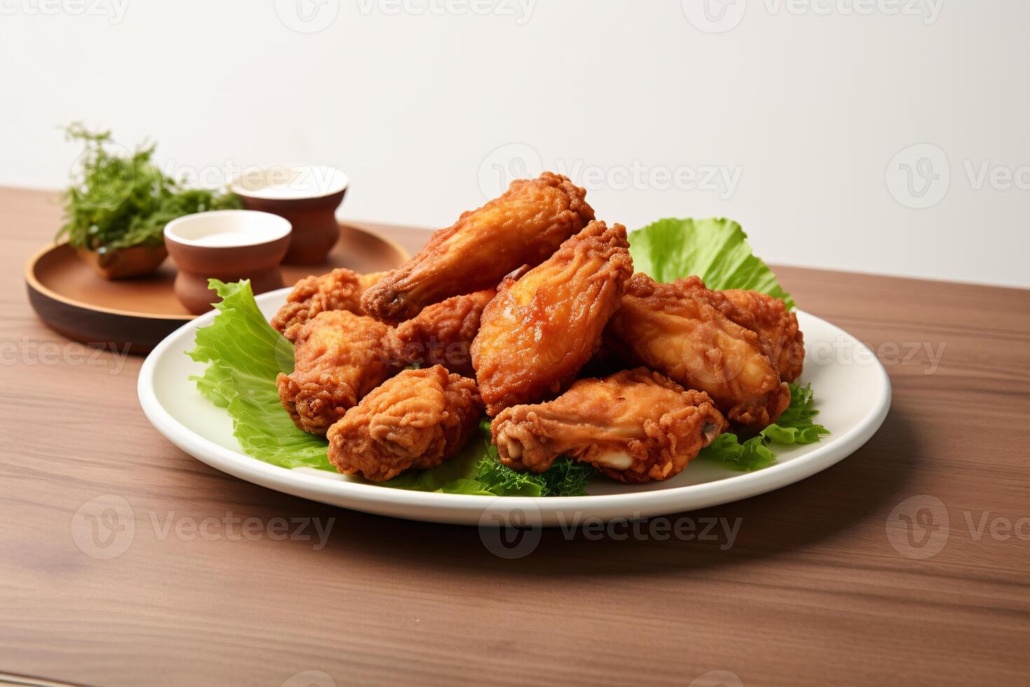 AI generated Delicious fried chicken on plate copy space concept Generative AI photo