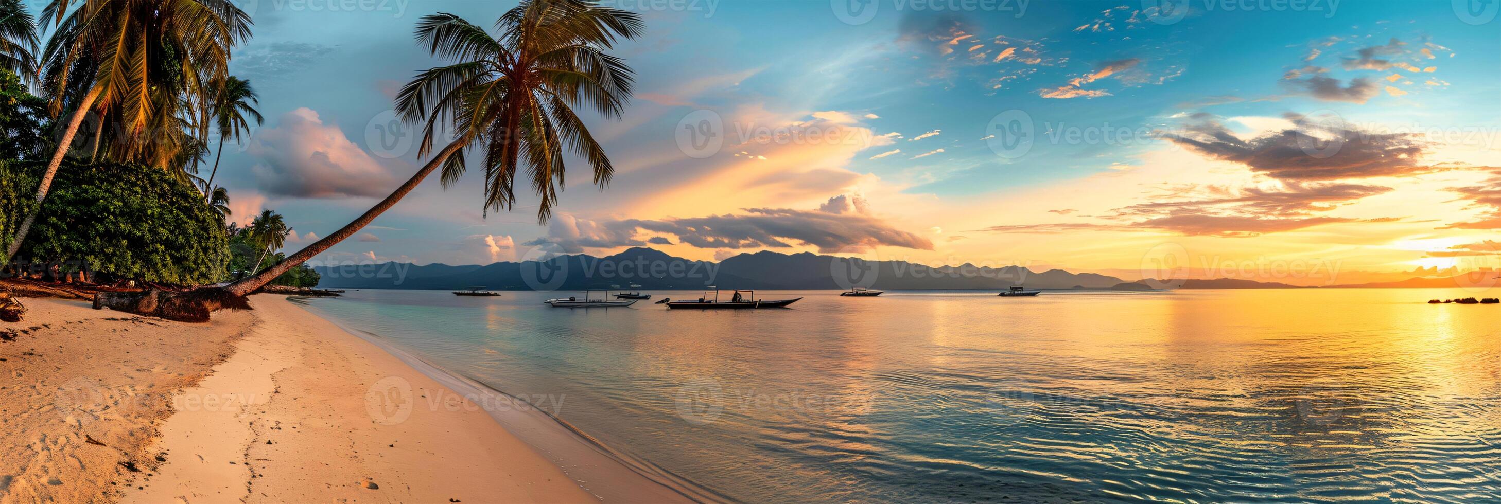 ai generado soleado exótico playa por el Oceano con palma arboles a puesta de sol verano vacaciones generar ai foto