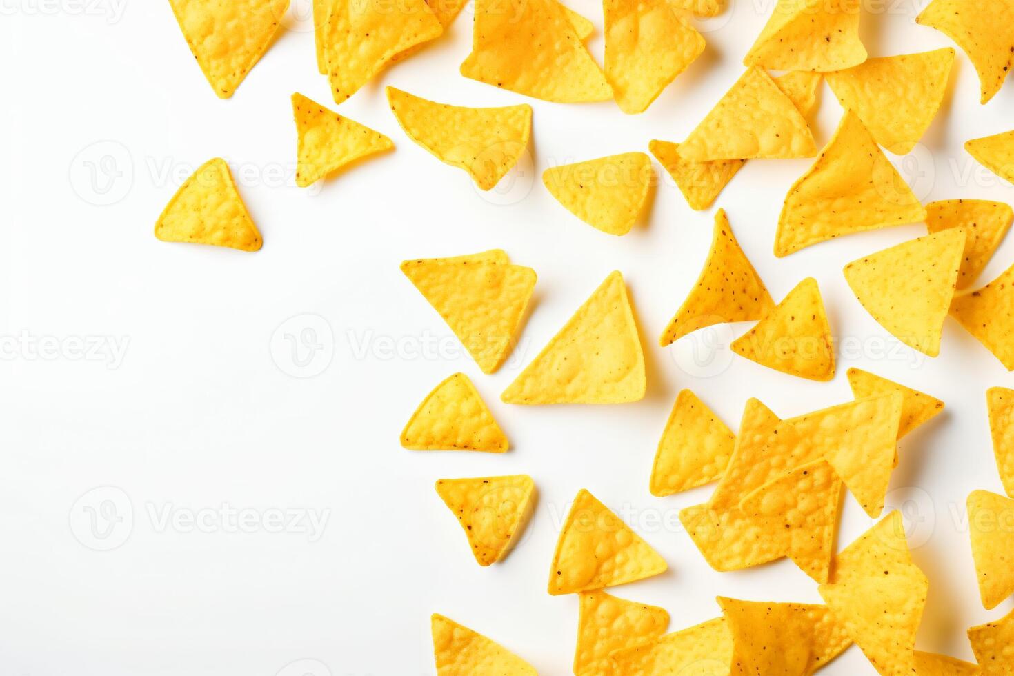 AI generated Corn chips of triangular shape levitate on a white background Generative AI photo