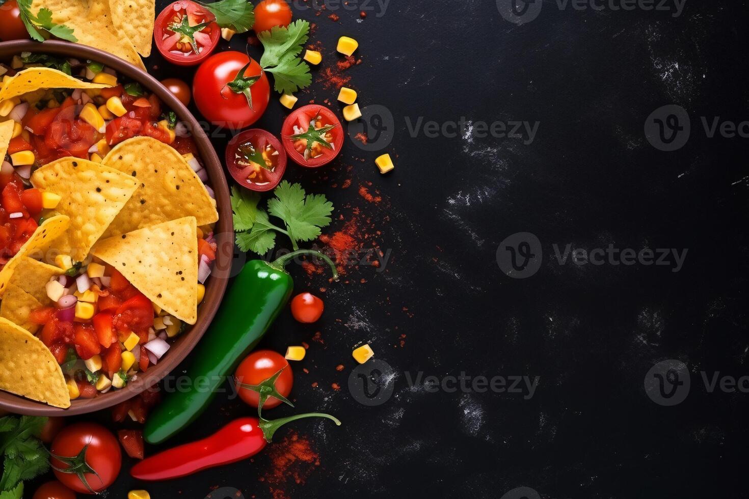 AI generated Top view fresh mexican food with nachos copy space generative AI photo