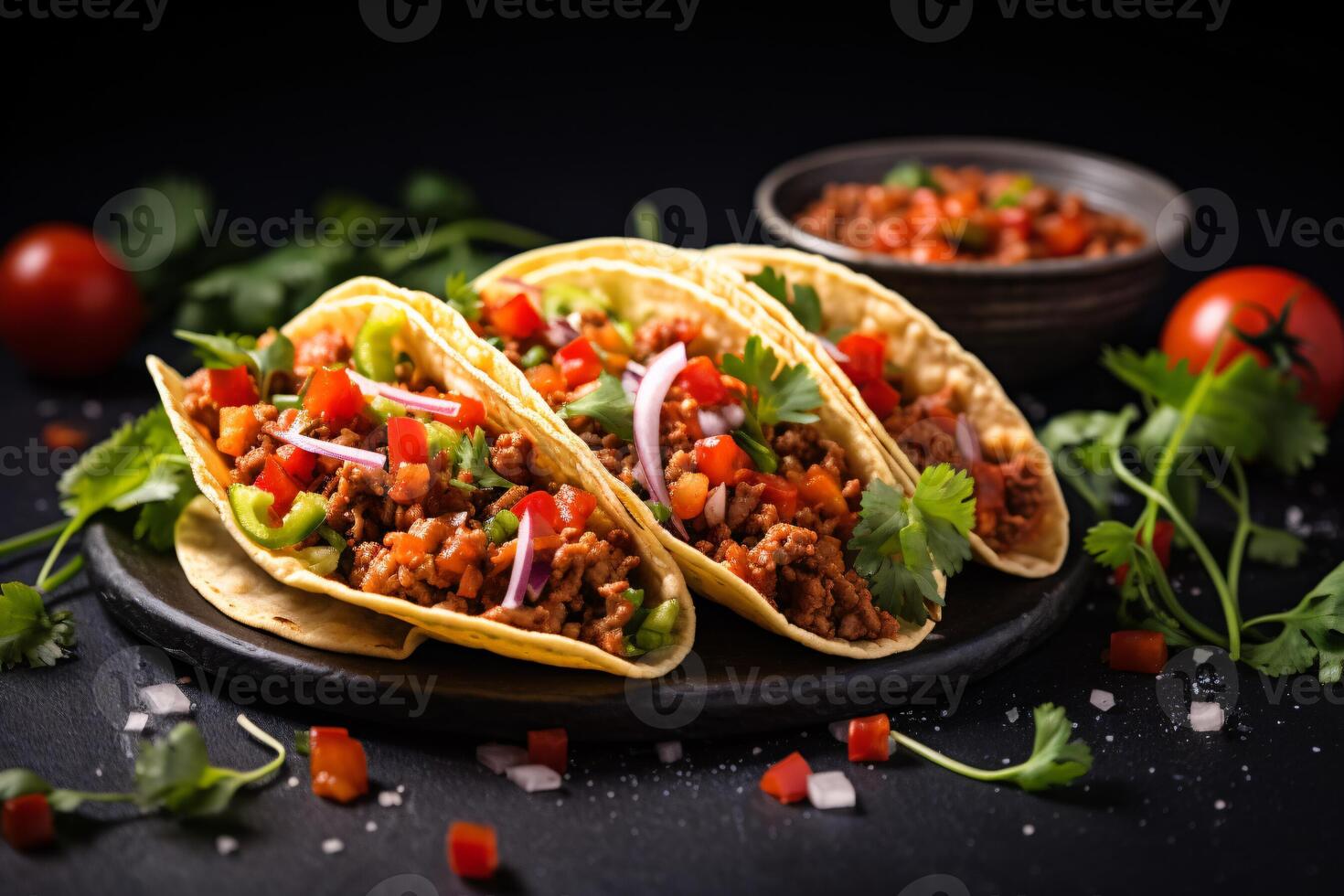 AI generated Mexican tacos with beef in tomato sauce and salsa Generative AI photo