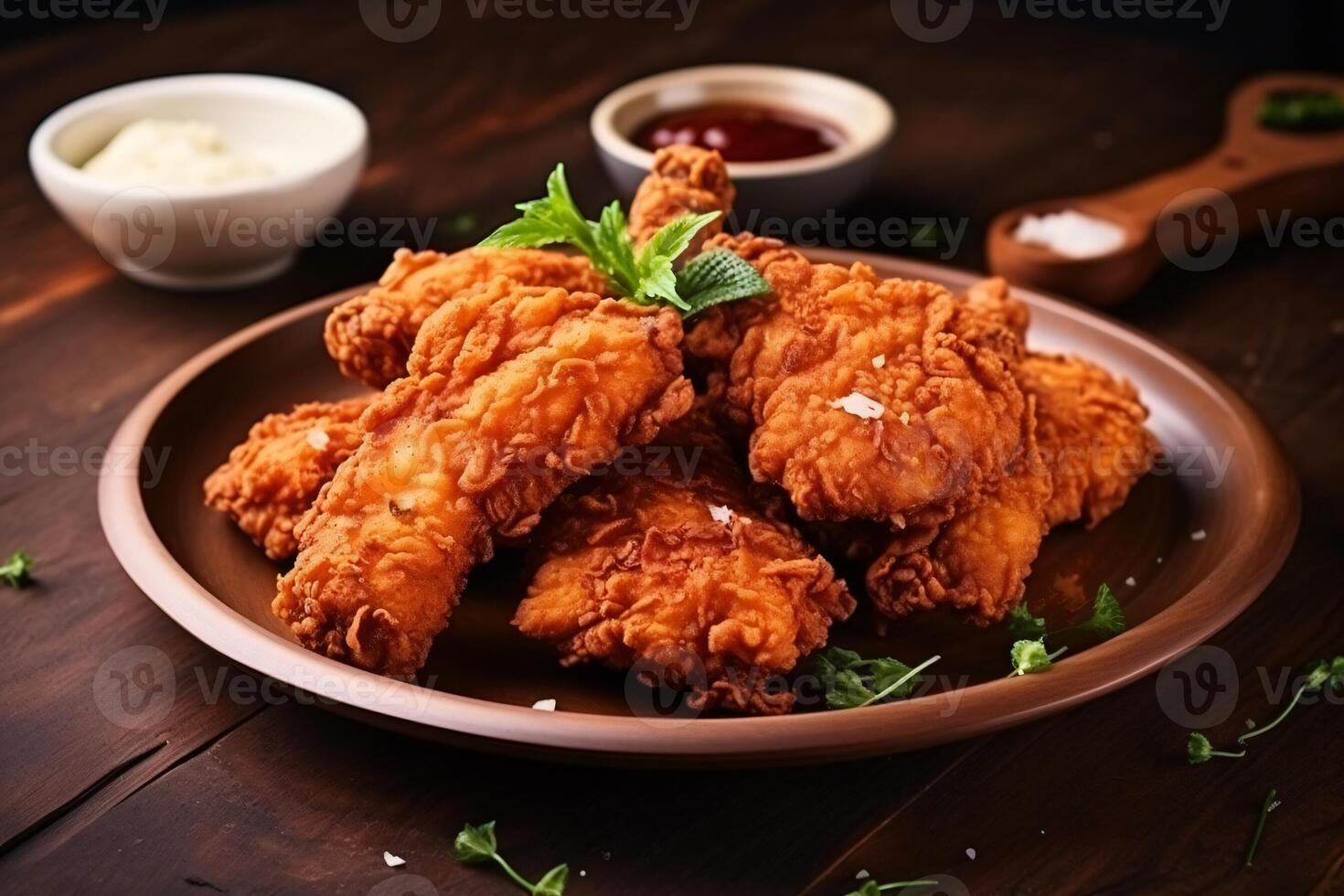 AI generated Delicious fried chicken on plate copy space concept Generative AI photo