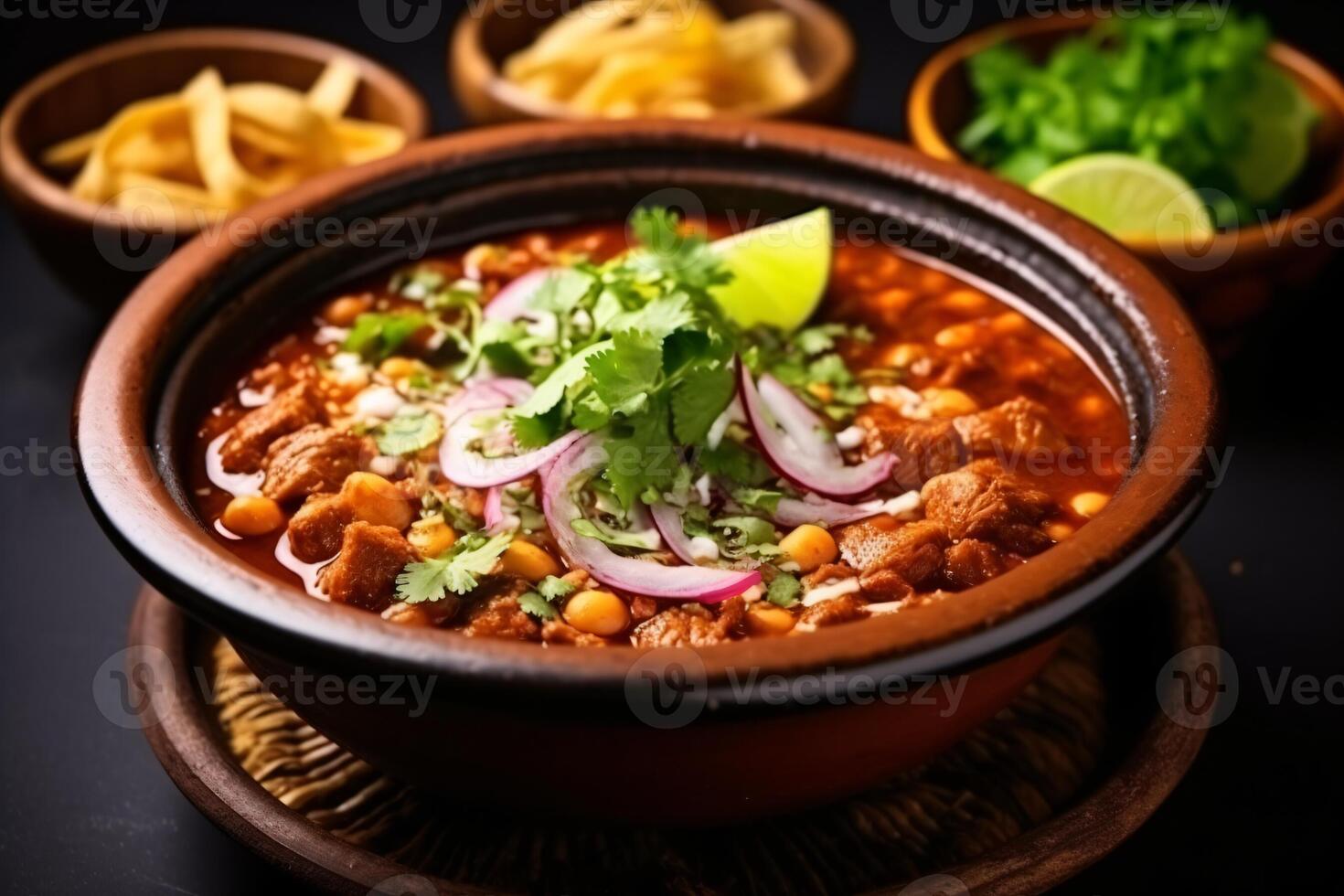 AI generated Top view on appetizing pozole bowl Generative AI photo