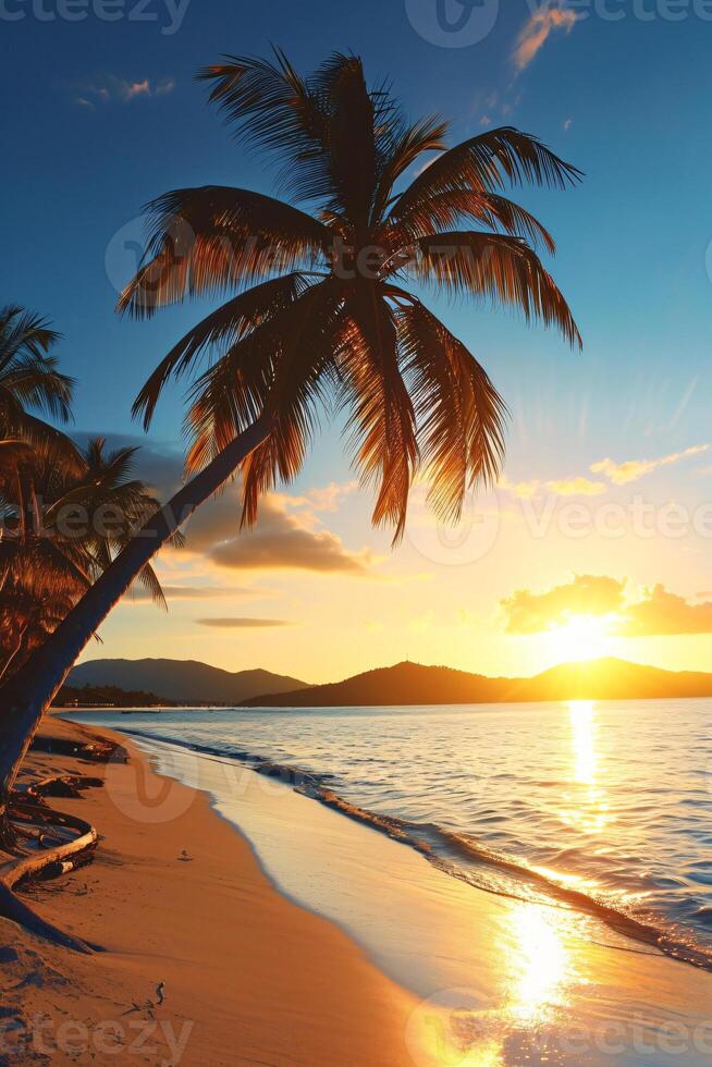 AI generated Sunny exotic beach by the ocean with palm trees at sunset summer vacation Generate AI photo