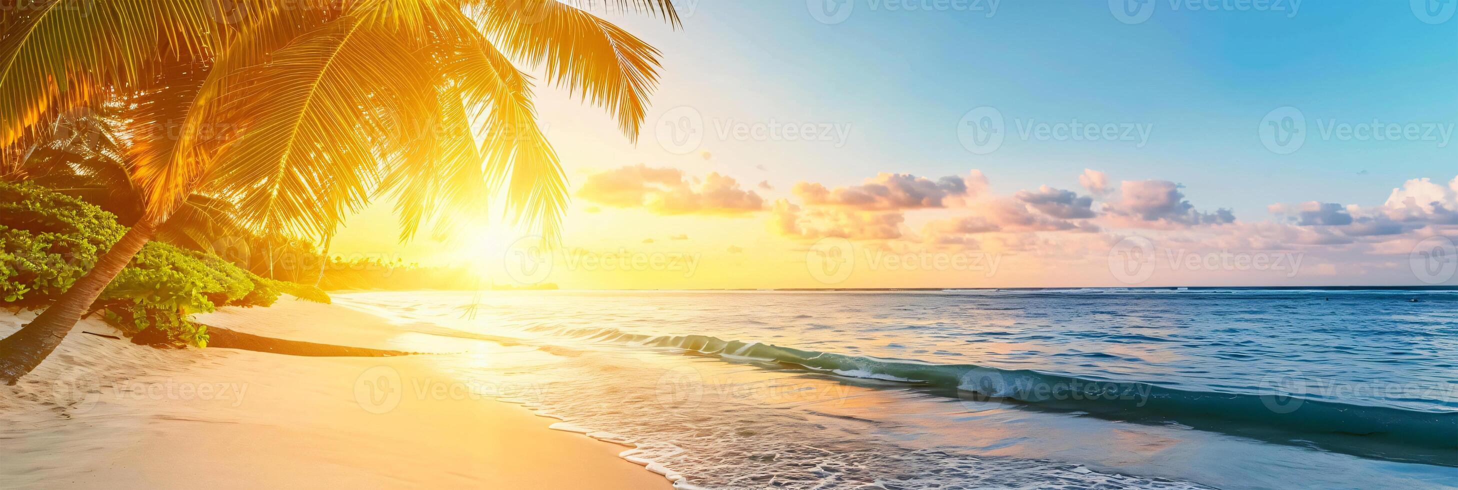 AI generated Sunny exotic beach by the ocean with palm trees at sunset summer vacation Generate AI photo