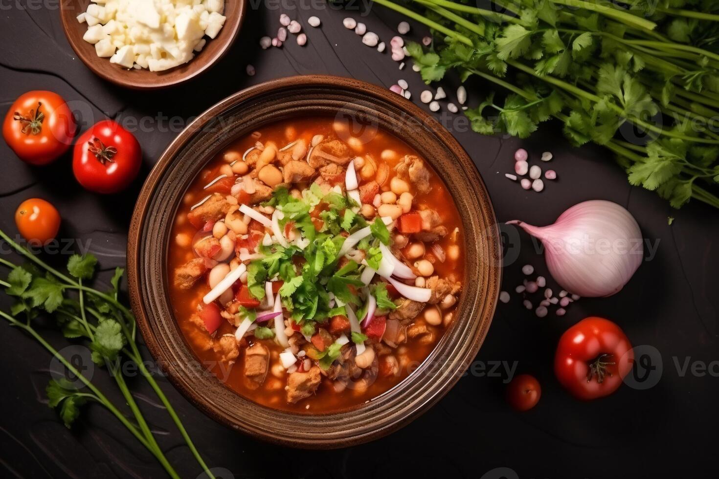 AI generated Top view on appetizing pozole bowl Generative AI photo