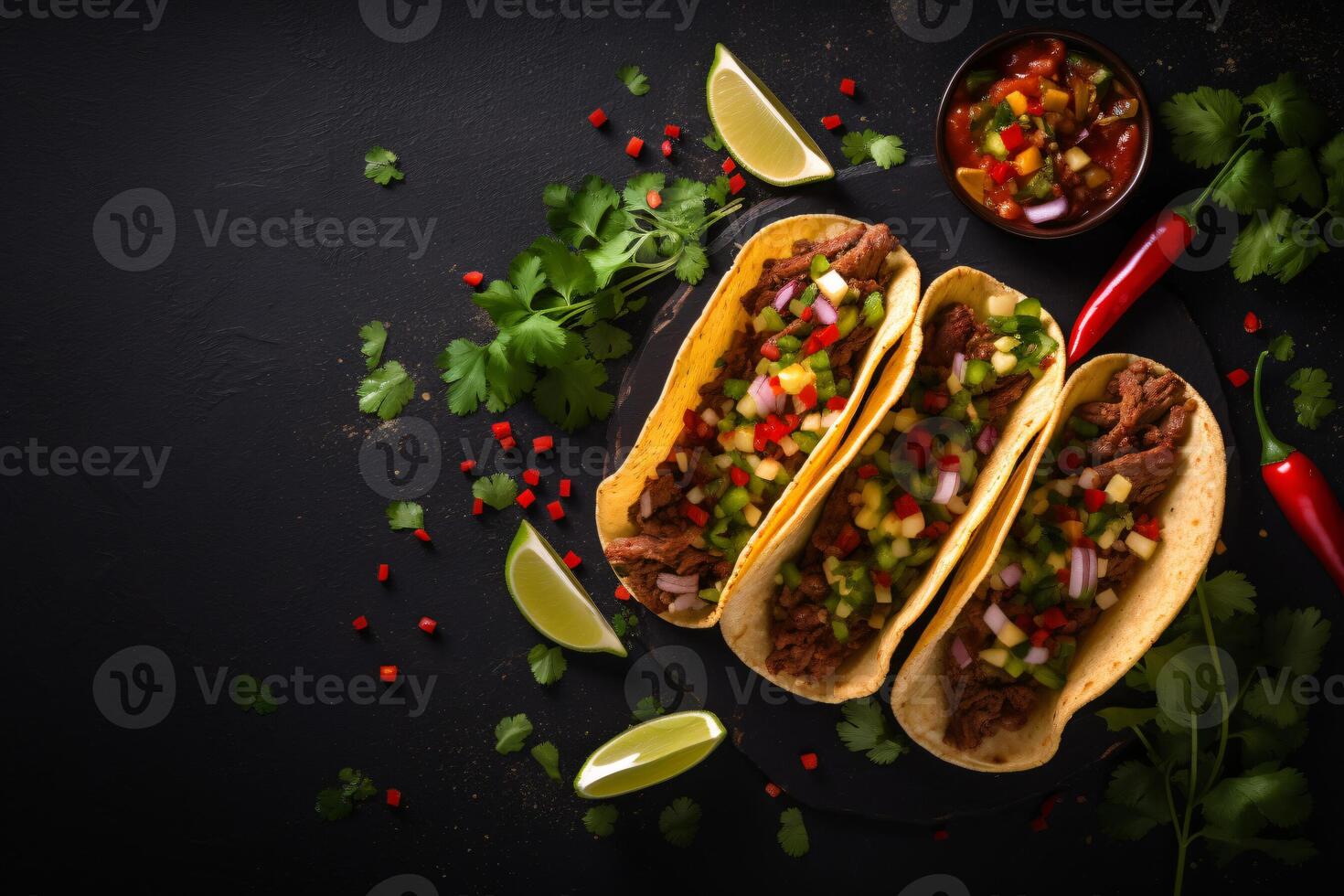 AI generated Mexican tacos with beef in tomato sauce and salsa Generative AI photo