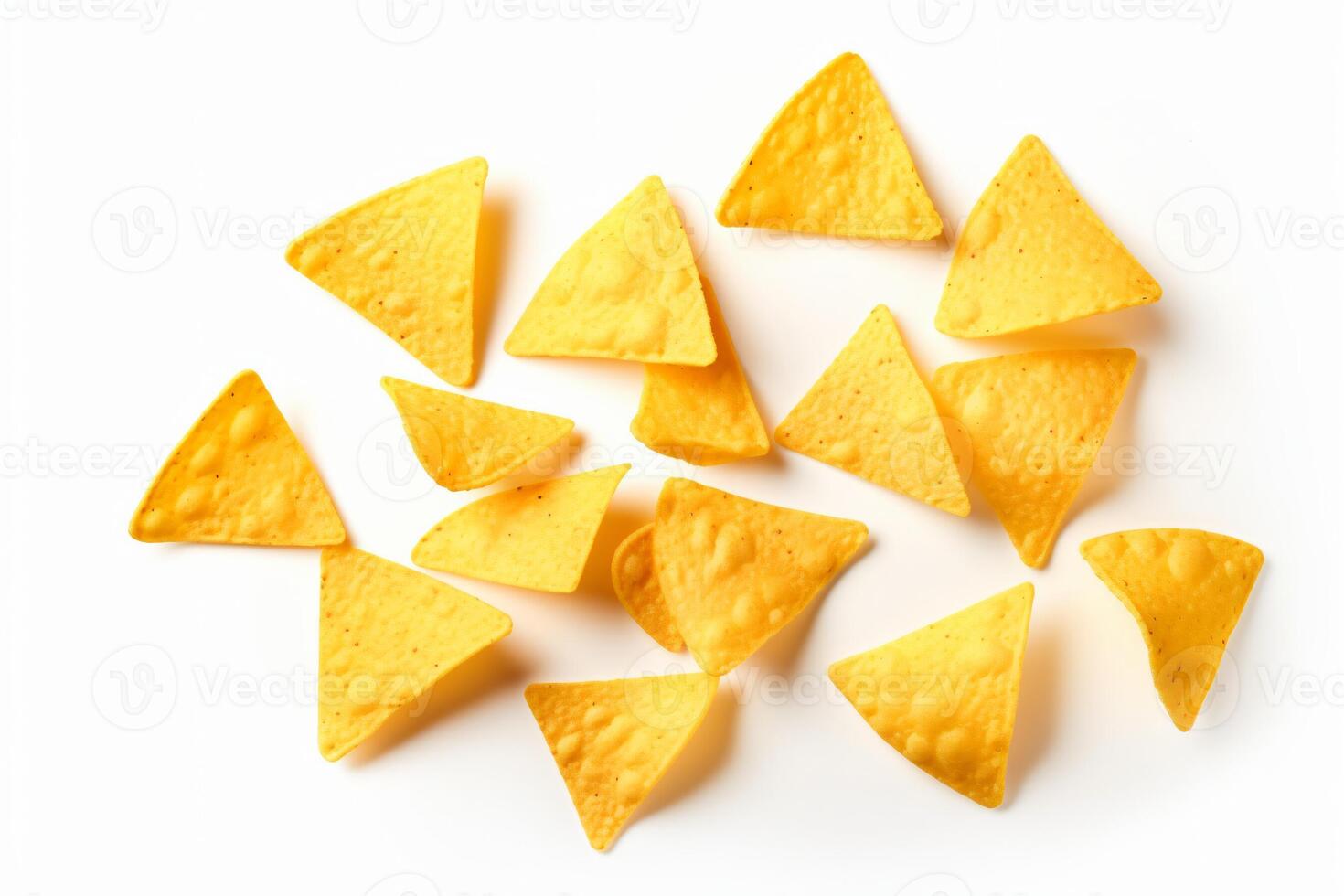 ai generado maíz papas fritas de triangular forma erigir por levitación en un blanco antecedentes generativo ai foto