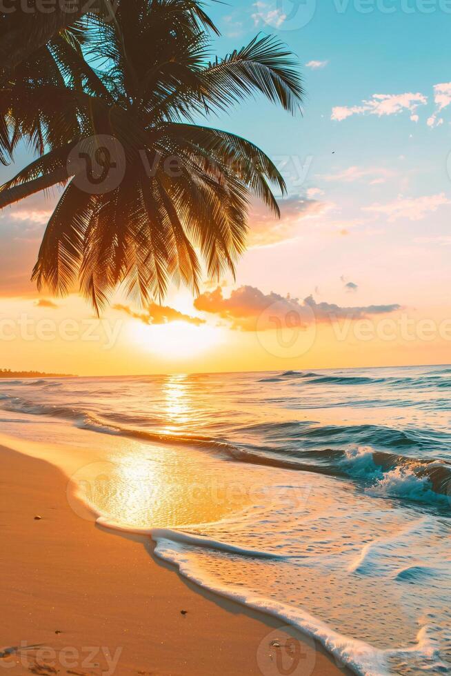 AI generated Sunny exotic beach by the ocean with palm trees at sunset summer vacation Generate AI photo