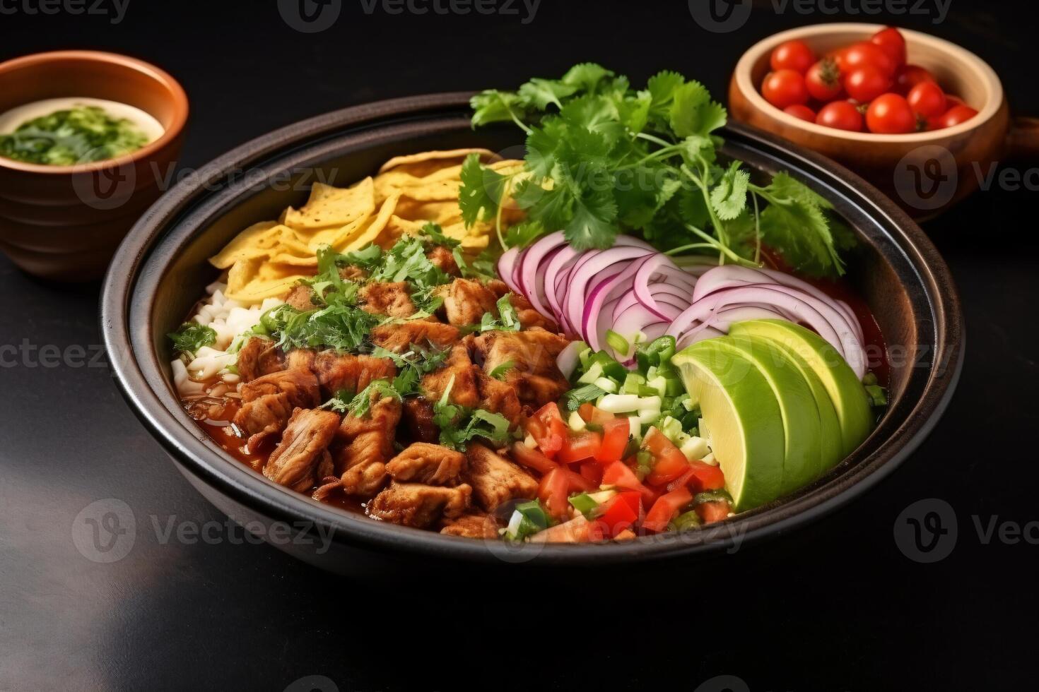 AI generated Top view on appetizing pozole bowl Generative AI photo