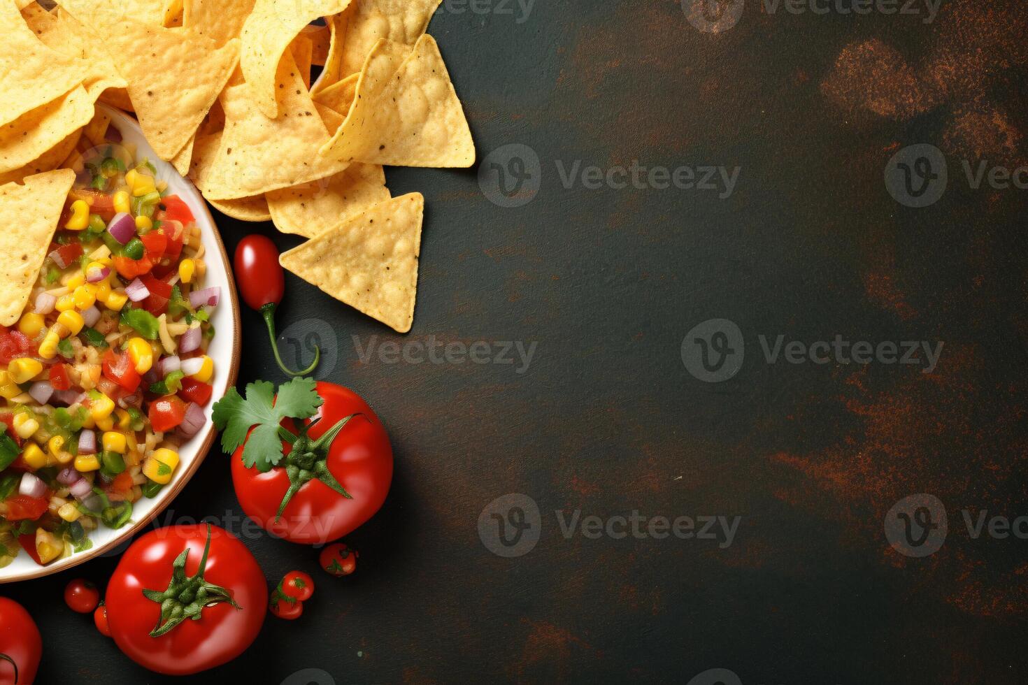AI generated Top view fresh mexican food with nachos copy space generative AI photo