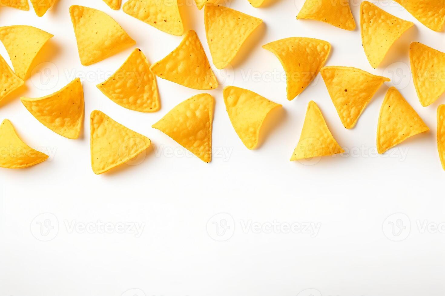 AI generated Corn chips of triangular shape levitate on a white background Generative AI photo